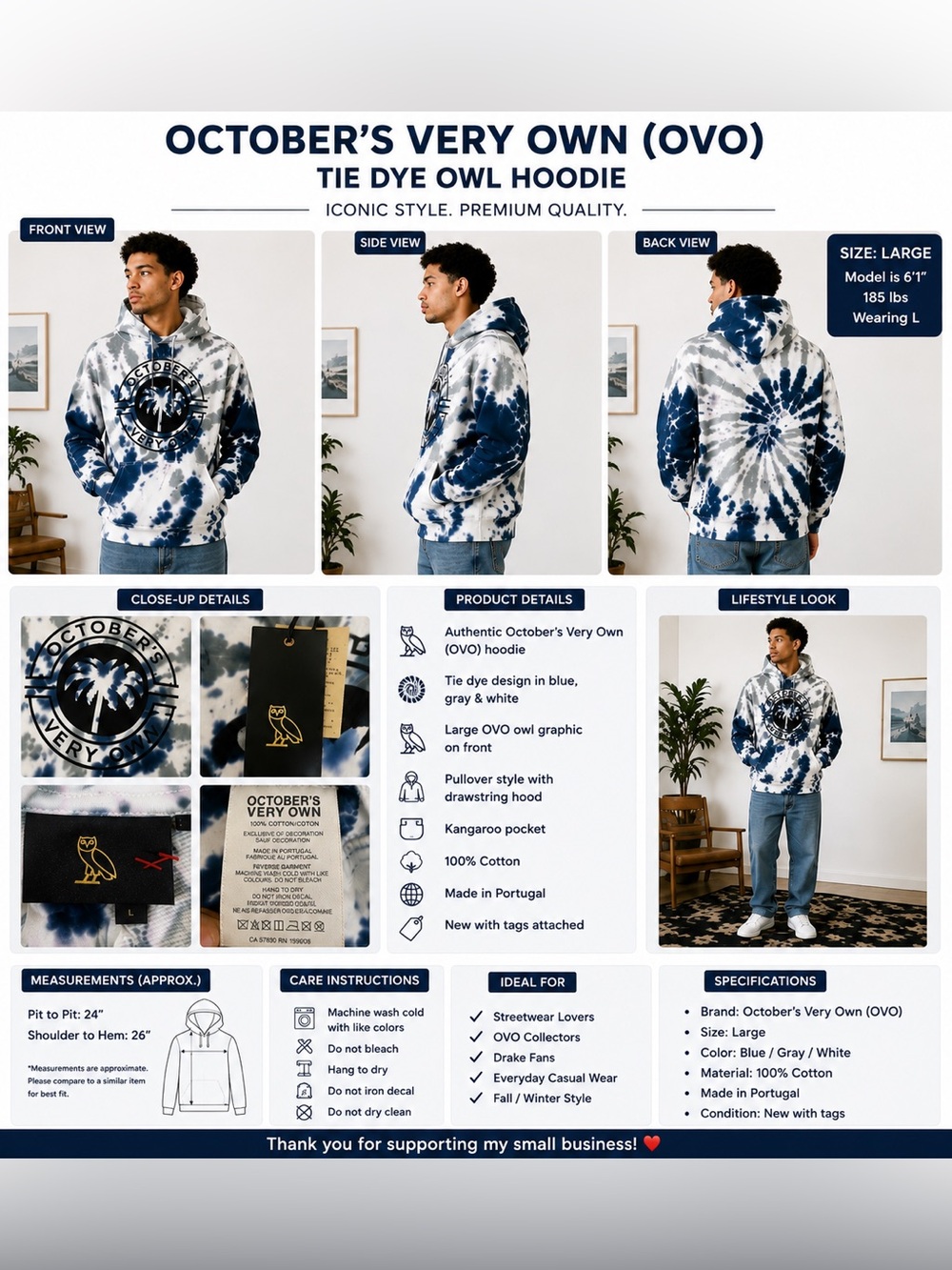 October’s Very Own OVO Owl Tie Dye Hoodie Large Blue White NWT Made Portugal
